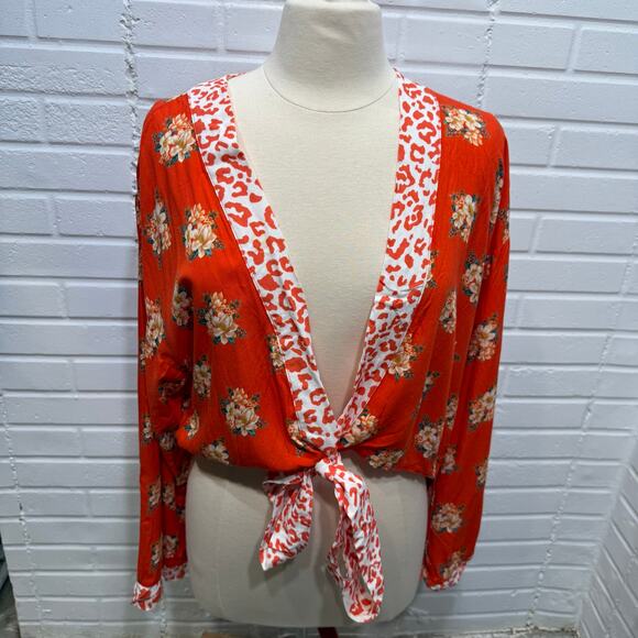 Farm Rio Anthropologie Kimono Open Front Coral Floral Animal Print One Size Fall - Picture 2 of 13